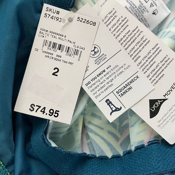 LANDS END Tankini Top Womens 2 Square Neck NEW Baltic Teal Multi Palm Underwire - Picture 7 of 7